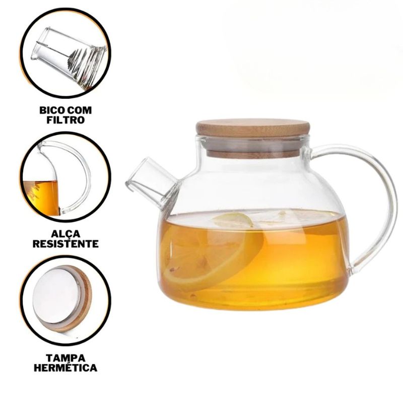 Chaleira de Vidro com Coador e Tampa de Bambu Premium