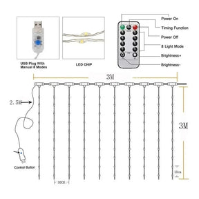 Luz de Cortina Led para Decoração para Natal - 8 Modos de Iluminação