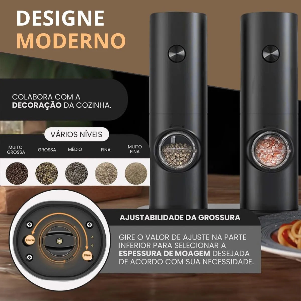 Moedor e Triturador de Temperos Elétrico para Sal e Pimenta