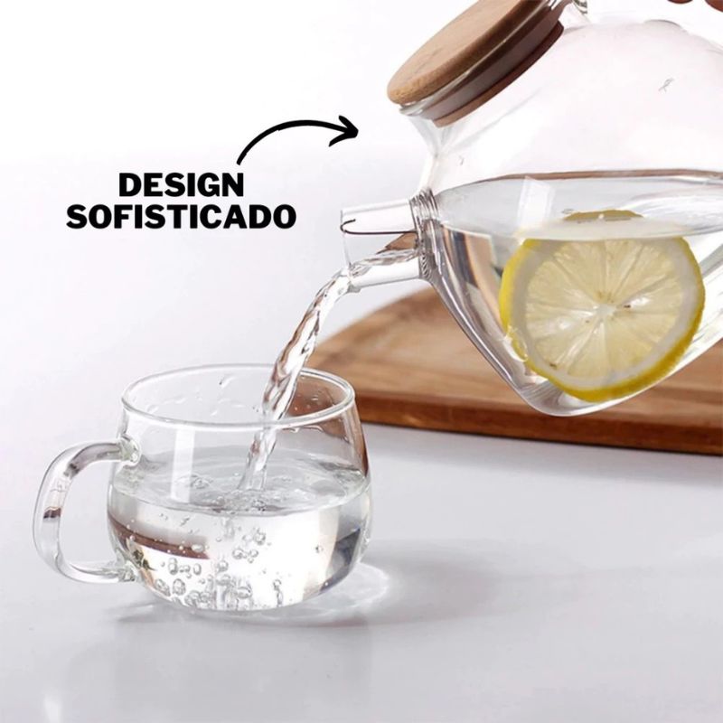 Chaleira de Vidro com Coador e Tampa de Bambu Premium