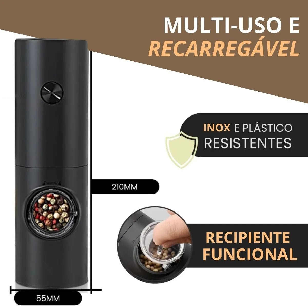 Moedor e Triturador de Temperos Elétrico para Sal e Pimenta