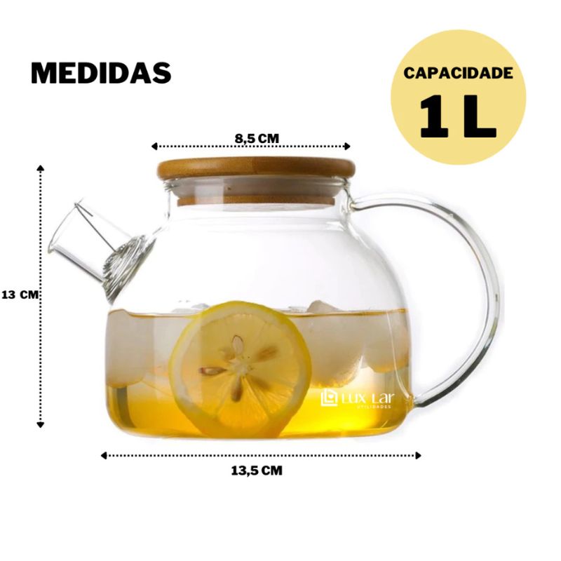 Chaleira de Vidro com Coador e Tampa de Bambu Premium