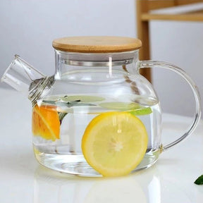 Chaleira de Vidro com Coador e Tampa de Bambu Premium