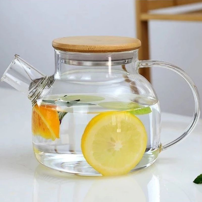 Chaleira de Vidro com Coador e Tampa de Bambu Premium