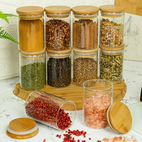 Kit 6 Pote Hermético de Vidro com Tampa de Bambu para Temperos