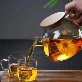 Chaleira de Vidro com Coador e Tampa de Bambu Premium