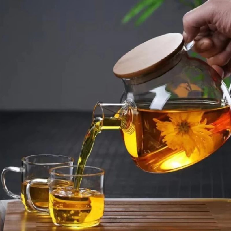 Chaleira de Vidro com Coador e Tampa de Bambu Premium
