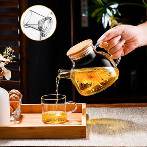 Chaleira de Vidro com Coador e Tampa de Bambu Premium