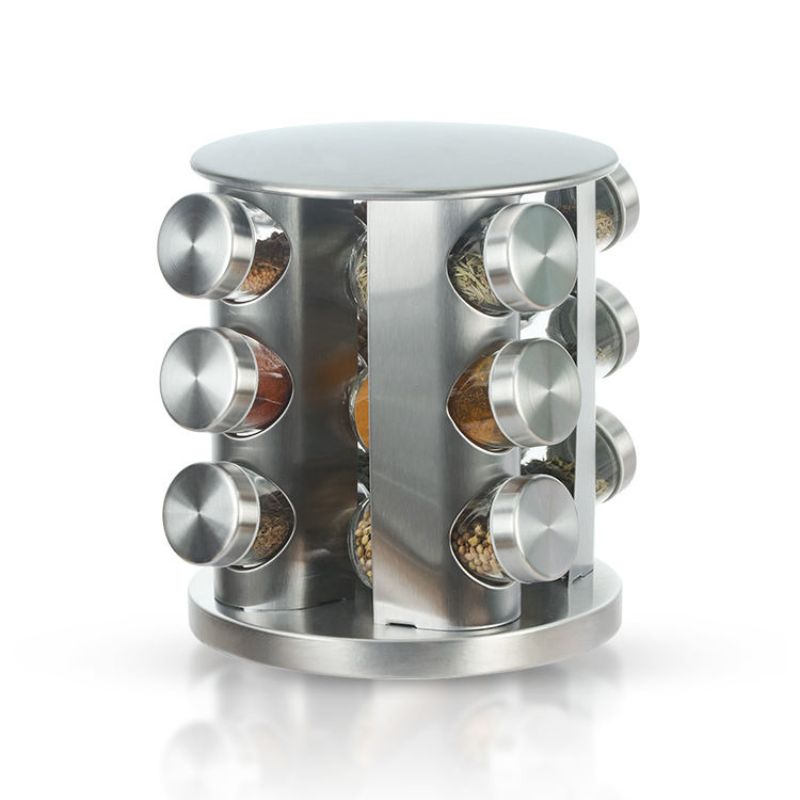 Porta Temperos e Condimentos Giratório em Inox - 12 Potes