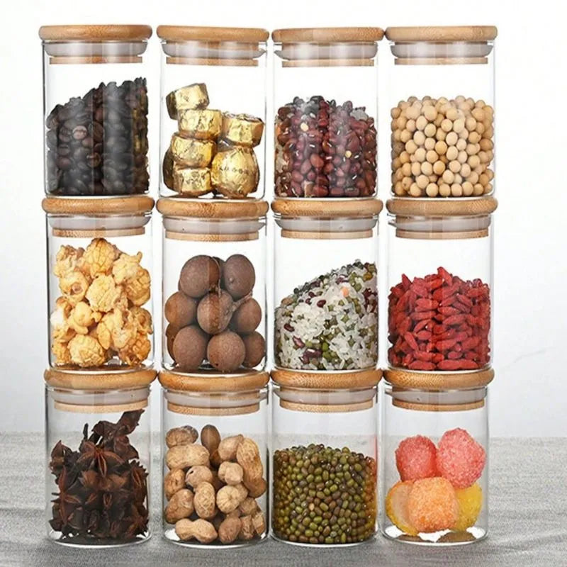 Kit 6 Pote Hermético de Vidro com Tampa de Bambu para Temperos