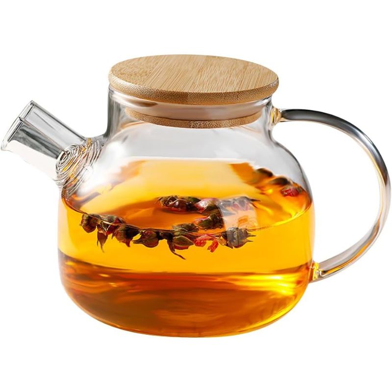 Chaleira de Vidro com Coador e Tampa de Bambu Premium