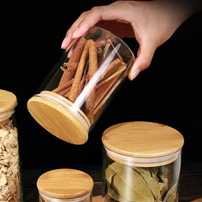 Kit 6 Pote Hermético de Vidro com Tampa de Bambu para Temperos