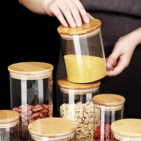 Kit 6 Pote Hermético de Vidro com Tampa de Bambu para Temperos