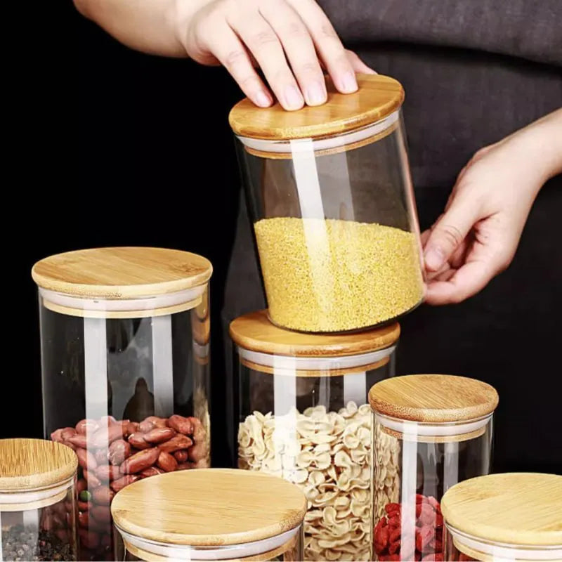 Kit 6 Pote Hermético de Vidro com Tampa de Bambu para Temperos