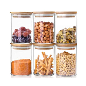Kit 6 Pote Hermético de Vidro com Tampa de Bambu para Temperos