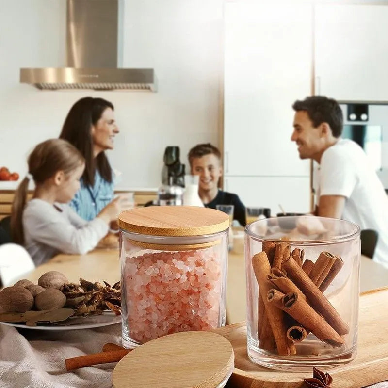 Kit 6 Pote Hermético de Vidro com Tampa de Bambu para Temperos