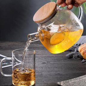 Chaleira de Vidro com Coador e Tampa de Bambu Premium