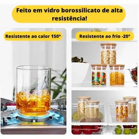 Kit 6 Pote Hermético de Vidro com Tampa de Bambu para Temperos