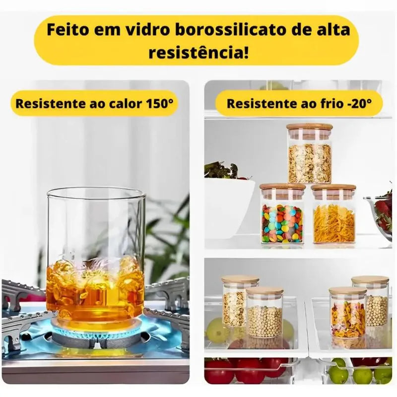 Kit 6 Pote Hermético de Vidro com Tampa de Bambu para Temperos