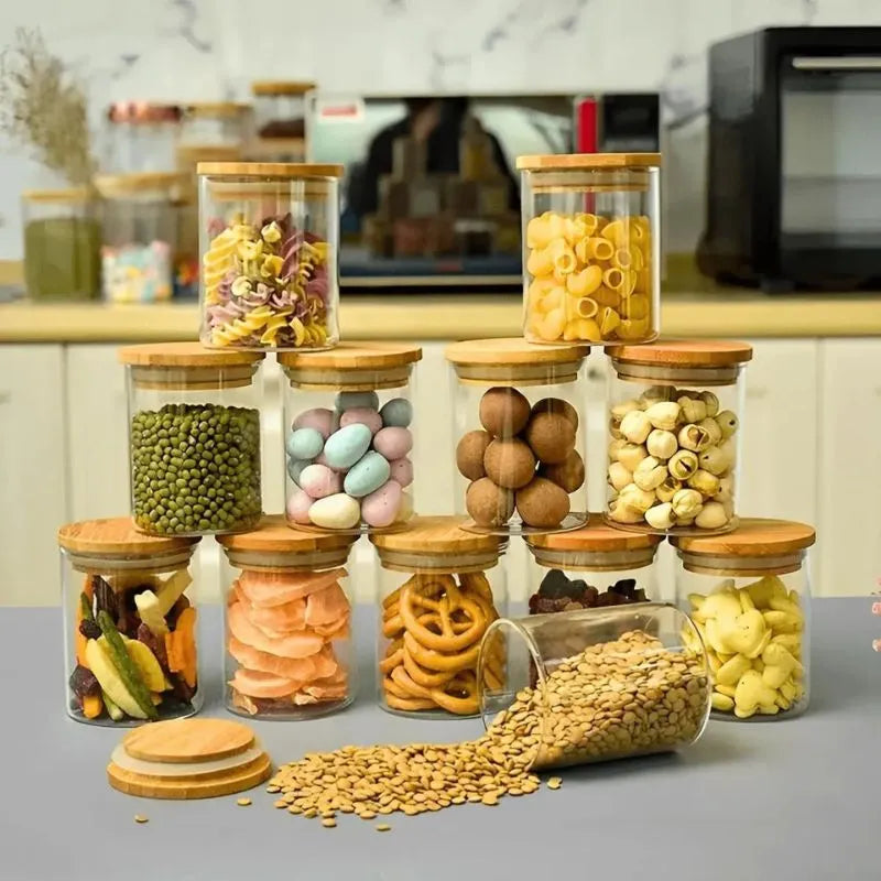 Kit 6 Pote Hermético de Vidro com Tampa de Bambu para Temperos