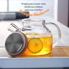 Chaleira de Vidro com Coador e Tampa de Bambu Premium