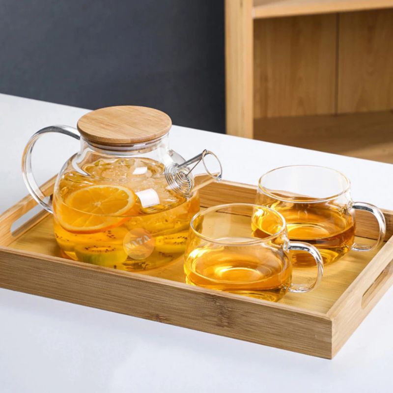 Chaleira de Vidro com Coador e Tampa de Bambu Premium
