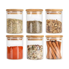 Kit 6 Pote Hermético de Vidro com Tampa de Bambu para Temperos