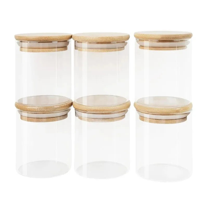 Kit 6 Pote Hermético de Vidro com Tampa de Bambu para Temperos