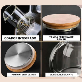 Chaleira de Vidro com Coador e Tampa de Bambu Premium