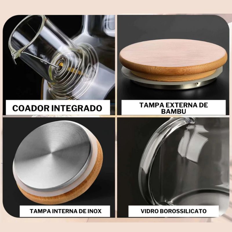 Chaleira de Vidro com Coador e Tampa de Bambu Premium