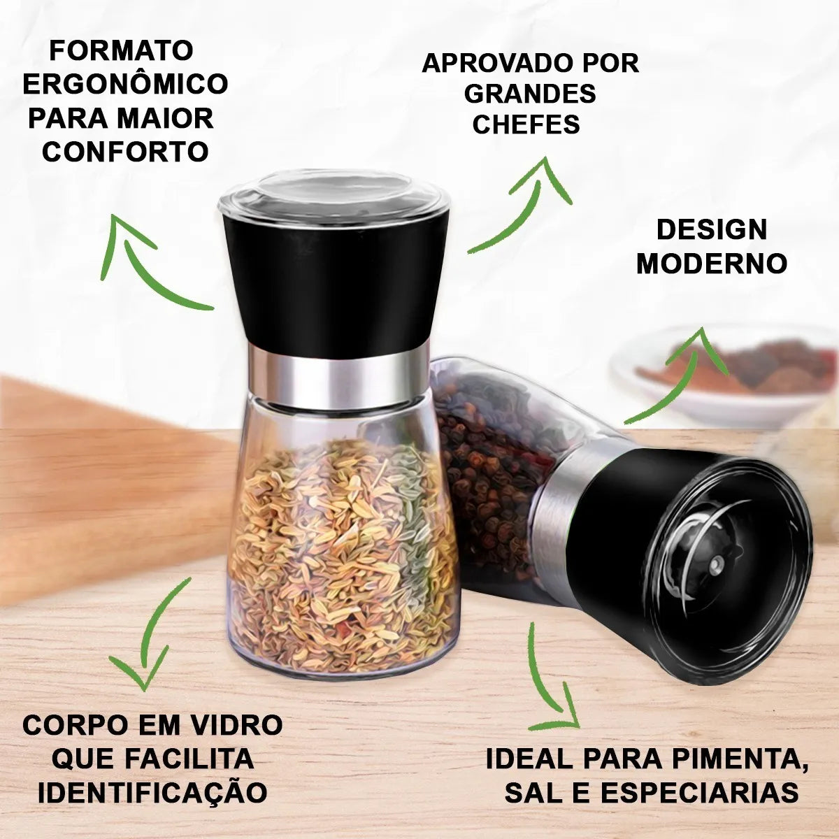 Moedor e Triturador de Pimenta e Sal - Kit Com 2 Unidades