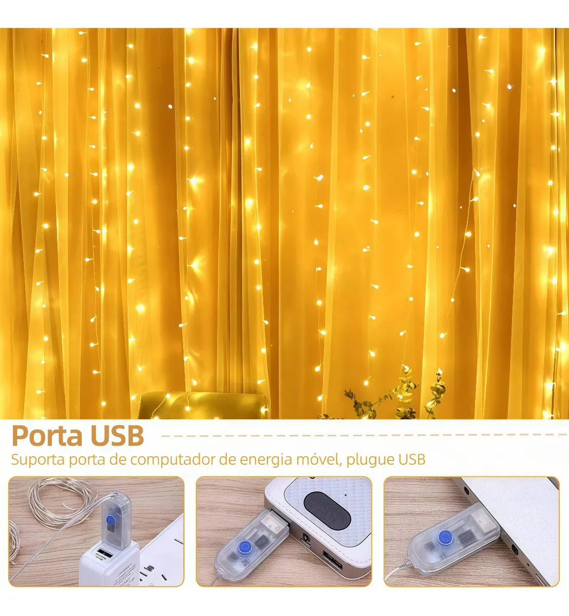 Luz de Cortina Led para Decoração para Natal - 8 Modos de Iluminação