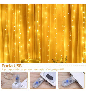Luz de Cortina Led para Decoração para Natal - 8 Modos de Iluminação