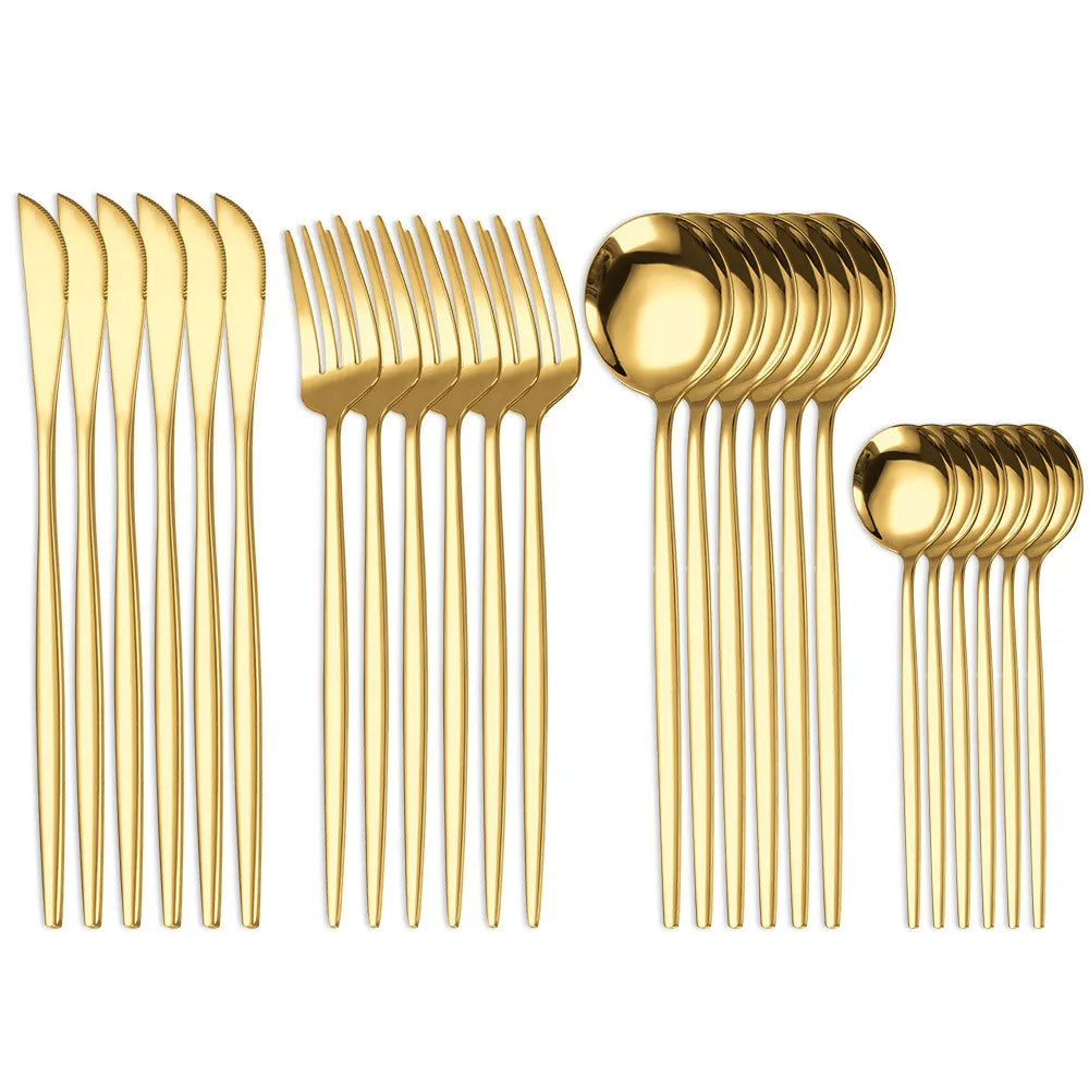 Jogo de Talheres Dourado em Aço Inox - Kit 24 Talheres