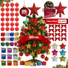 Árvore de Natal Decorada Pequena com Pisca Pisca e 66 Enfeites