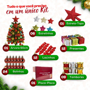 Árvore de Natal Decorada Pequena com Pisca Pisca e 66 Enfeites