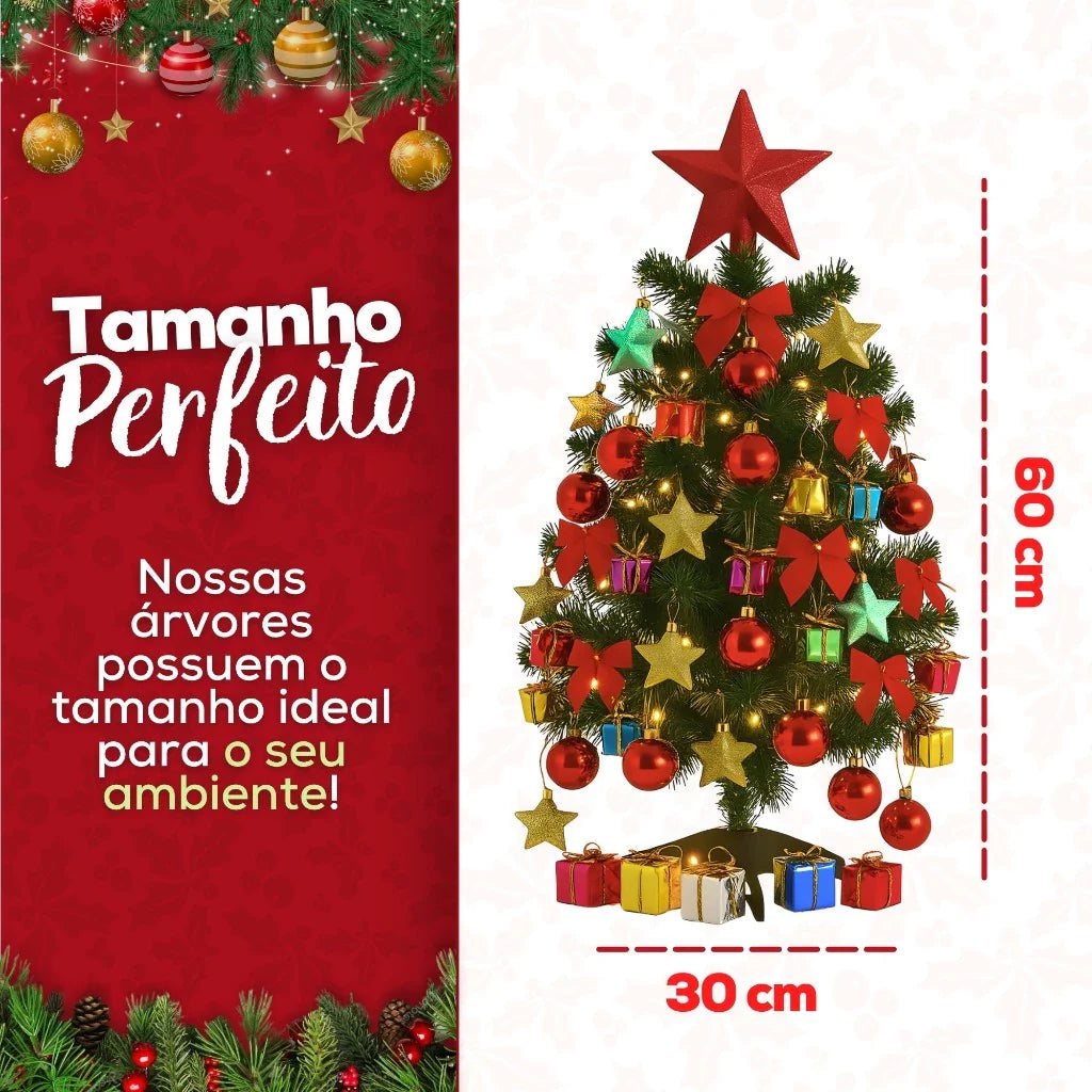Árvore de Natal Decorada Pequena com Pisca Pisca e 66 Enfeites