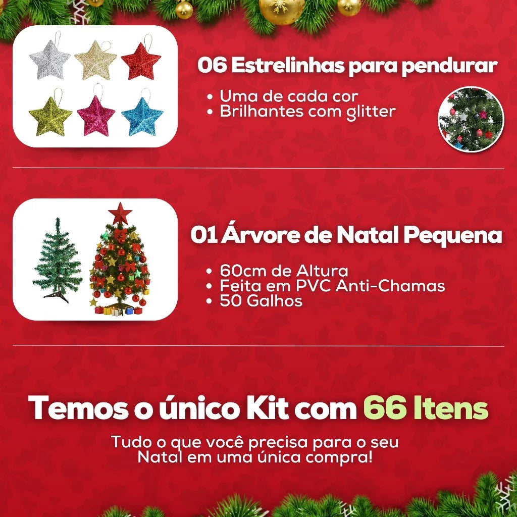 Árvore de Natal Decorada Pequena com Pisca Pisca e 66 Enfeites