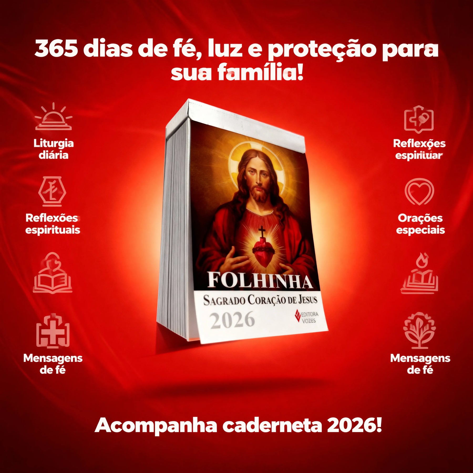 Calendário - Folhinha Sagrado Coração De Jesus 2026 Com Bloco Diário de Oração e Reflexões